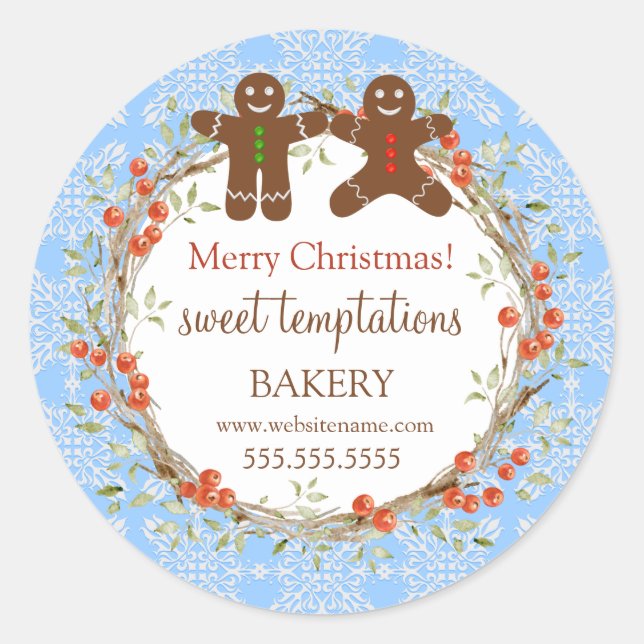 Christmas Holiday Berry Wreath Gingerbread Men Classic Round Sticker (Front)