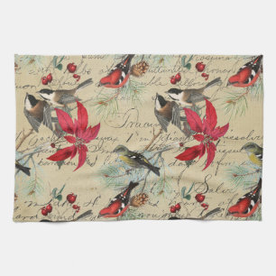 Christmas Holiday Bird and Red Poinsettia Tea Towel