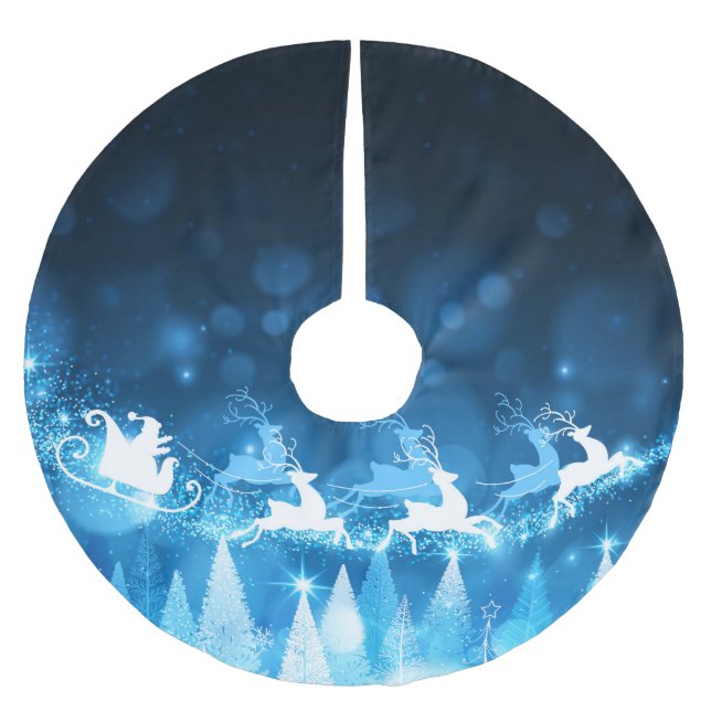 Christmas Holiday Blue Santa and Sleigh Brushed Polyester Tree Skirt (Front)