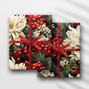 Christmas/Holiday Bold Flowers, Berries & Leaves Wrapping Paper