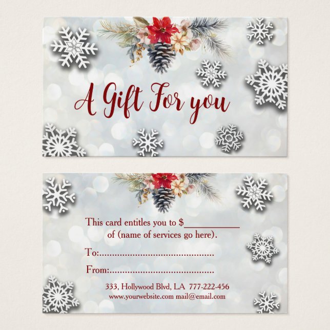 Christmas/holiday botanical bokeh gift certificate (Front & Back)