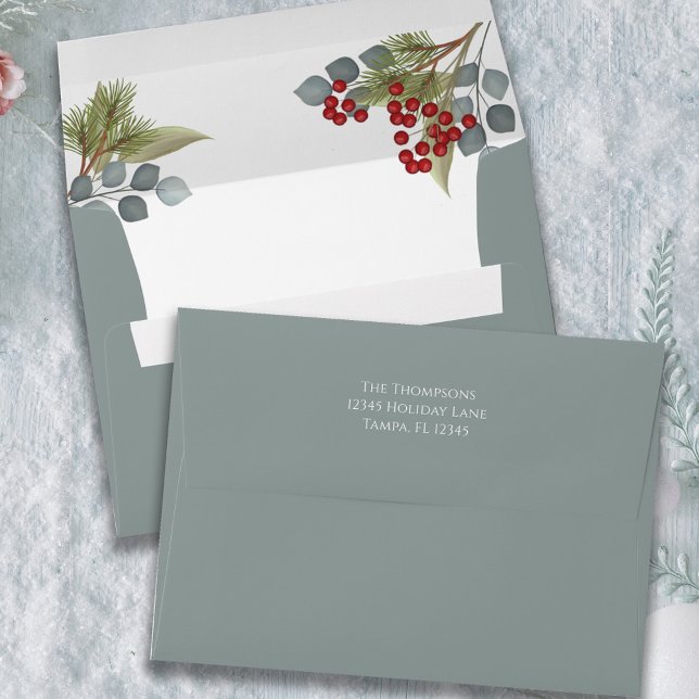 Christmas Holiday Botanical Pine Holly Berries Envelope (Christmas red holly berries and eucalyptus leaves blue envelope.)