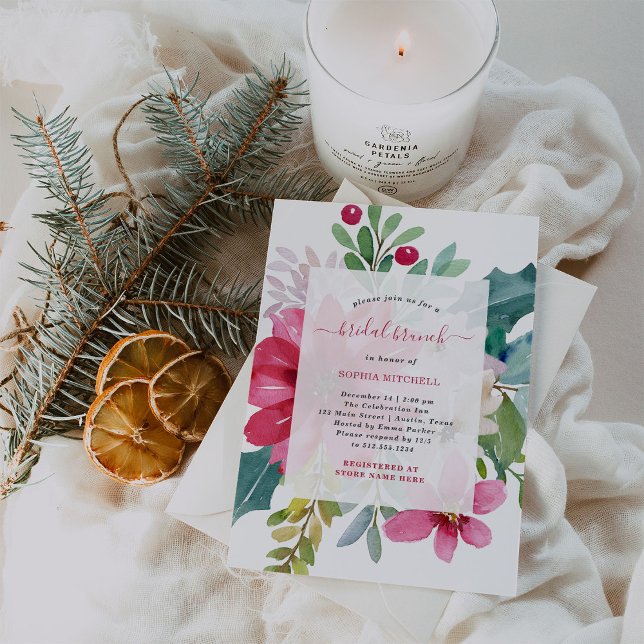 Christmas Holiday Bridal Brunch | Bright Floral Invitation (A stylish and festive bridal shower brunch invitation for Christmas season weddings)