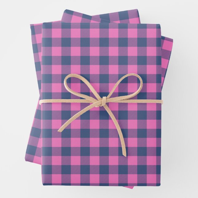 Christmas Holiday Buffalo Plain Pink Blue Pattern Wrapping Paper Sheet (In situ)