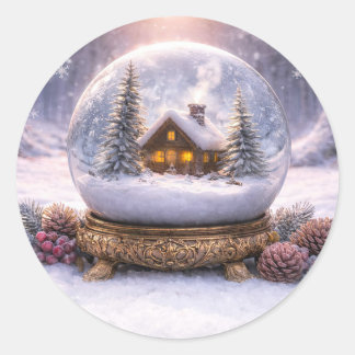 Christmas Holiday Cabin in the Snow Globe Cute Classic Round Sticker