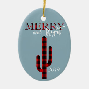 Christmas Holiday Cactus Southwest Buffalo Plaid Ceramic Ornament
