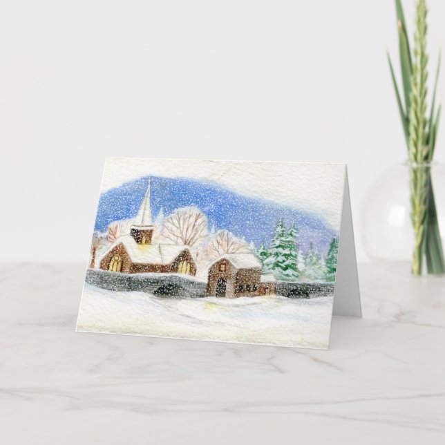 Christmas / Holiday Card: Snowy Village watercolor (Front)