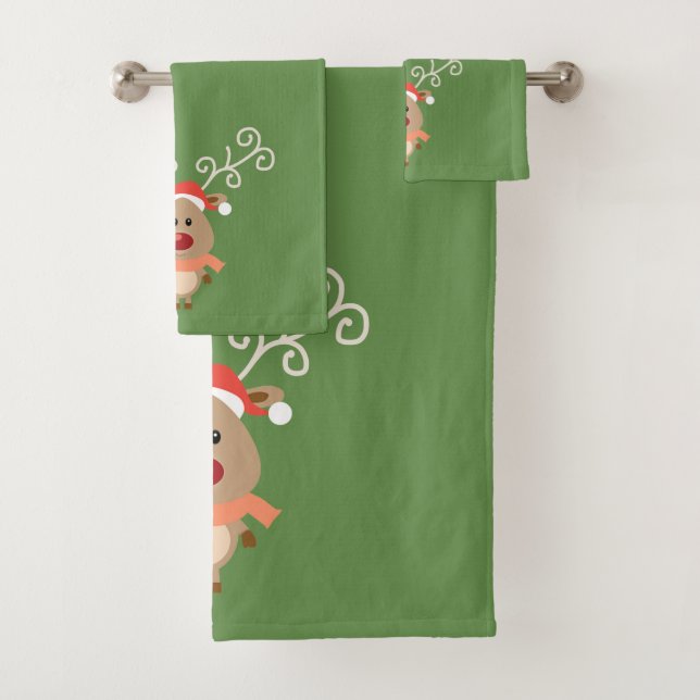 Christmas Holiday-Cartoon Reindeer,Snowflakes Bath Towel Set (Insitu)