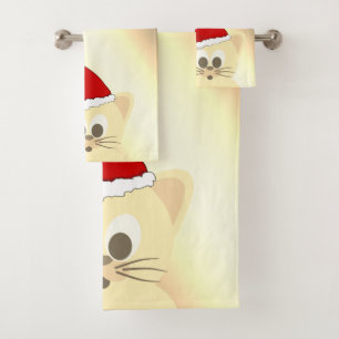 Christmas Holiday-Cat, Santa Hat,Snowflakes Gold Bath Towel Set