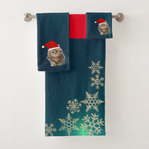 Christmas Holiday-Cat Santa Hat,Snowflakes,Green Bath Towel Set