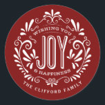 CHRISTMAS HOLIDAY CHALK ART ORNAMENT STICKERS<br><div class="desc">WISHING YOU JOY & HAPPINESS: Bright and cheerful whimsical round chalkboard style Christmas ornament with retro banner, vintage red and white typography, and fancy swirls. Personalise this decorative holiday ROUND label with your family name or custom greeting. Perfect for sealing envelopes or as gift tags. Contemporary, classic, modern and stylish...</div>