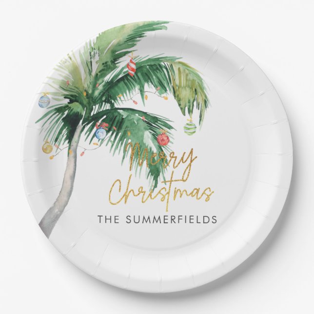 Christmas Holiday Coastal Palm Tree Custom Paper Plate (Front)