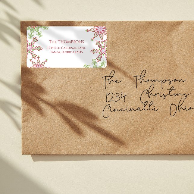 Christmas Holiday Colourful Cute Winter Snowflake  Label (Christmas colorful whimsical red and green snowflakes return address label. )