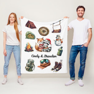 Christmas Holiday Couple Outdoor Fox Racoon White Fleece Blanket