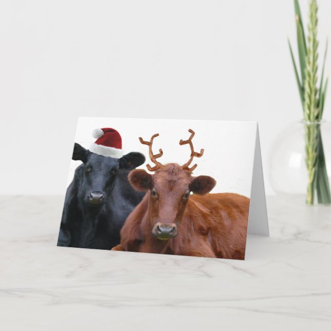 Christmas Holiday Cows in Santa Hat and Antlers Card (Front)