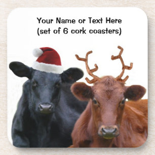 Christmas Holiday Cows in Santa Hat and Antlers Coaster