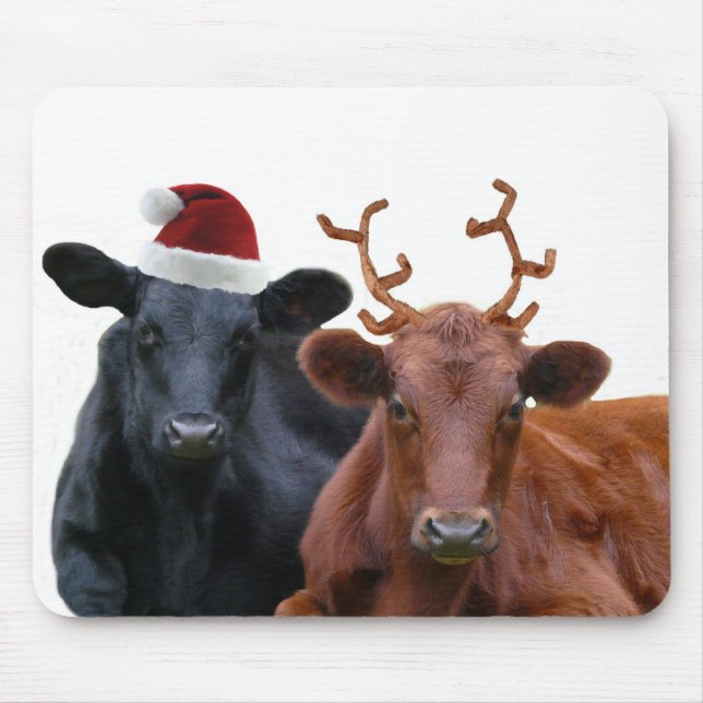 Christmas Holiday Cows in Santa Hat and Antlers Mouse Pad (Front)