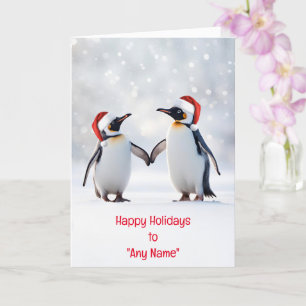 Christmas Holiday Custom Name Couple of Penguins  Card