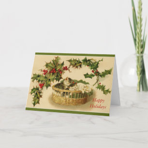 Christmas Holiday Cute Cats Kittens Basket Holly