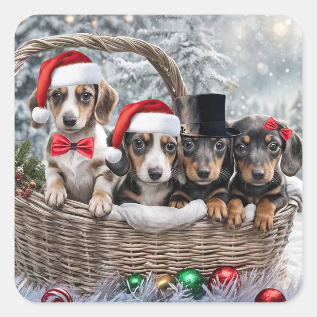 Christmas Holiday Cute Dachshund Puppies Square Sticker (Front)