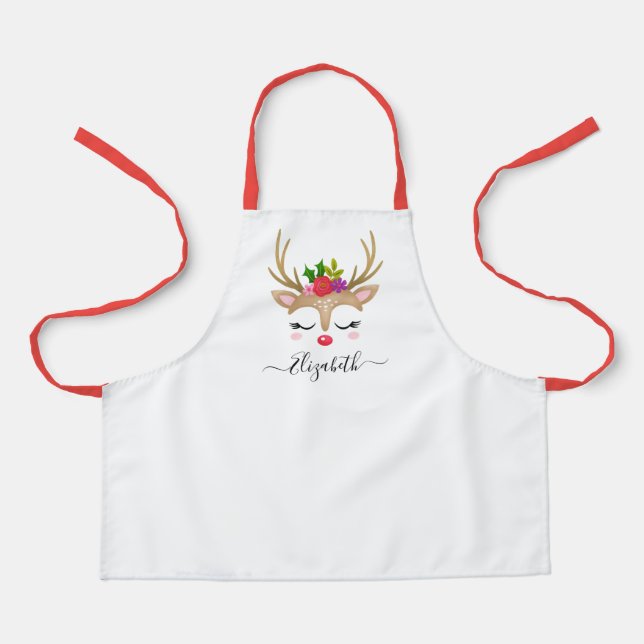 Christmas Holiday Cute Reindeer Face Kids Apron (Front)