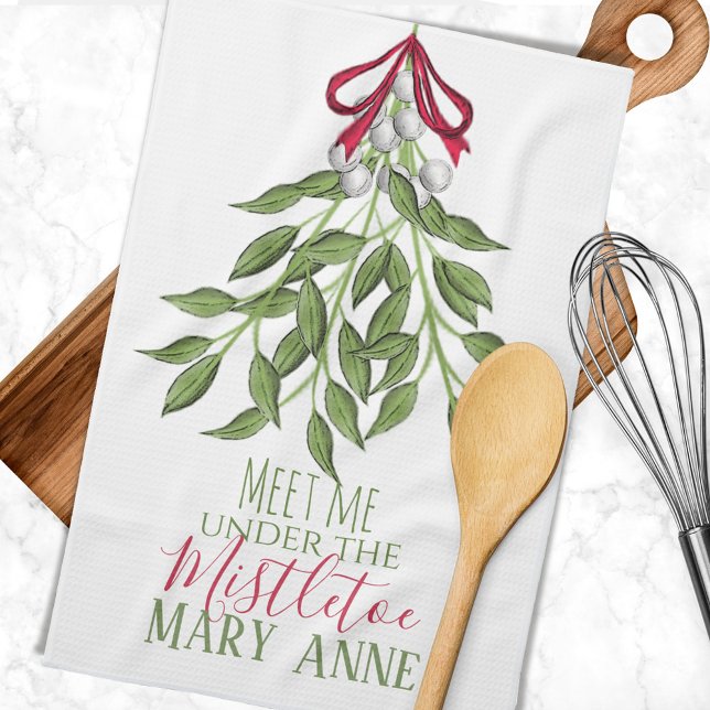 Christmas Holiday Cute Whimsical Mistletoe Fun Tea Towel (Meet me under the mistletoe custom kitchen towel. )