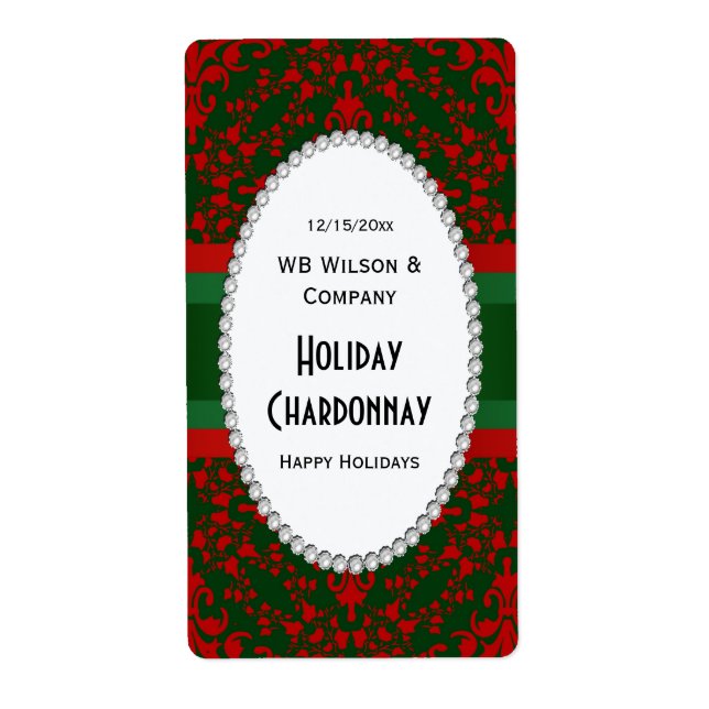Christmas Holiday Damask Pearl V Wine Bottle Label (Front)