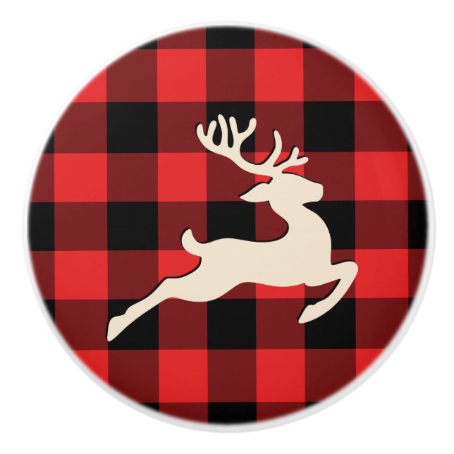Christmas Holiday Deer Antlers Red Black Gingham Ceramic Knob (Front)
