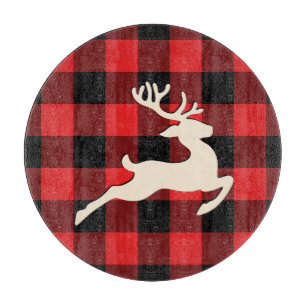 Christmas Holiday Deer Antlers Red Black Gingham Cutting Board