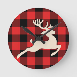 Christmas Holiday Deer Antlers Red Black Gingham Round Clock
