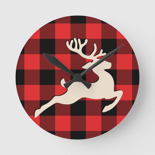 Christmas Holiday Deer Antlers Red Black Gingham Round Clock (Front)