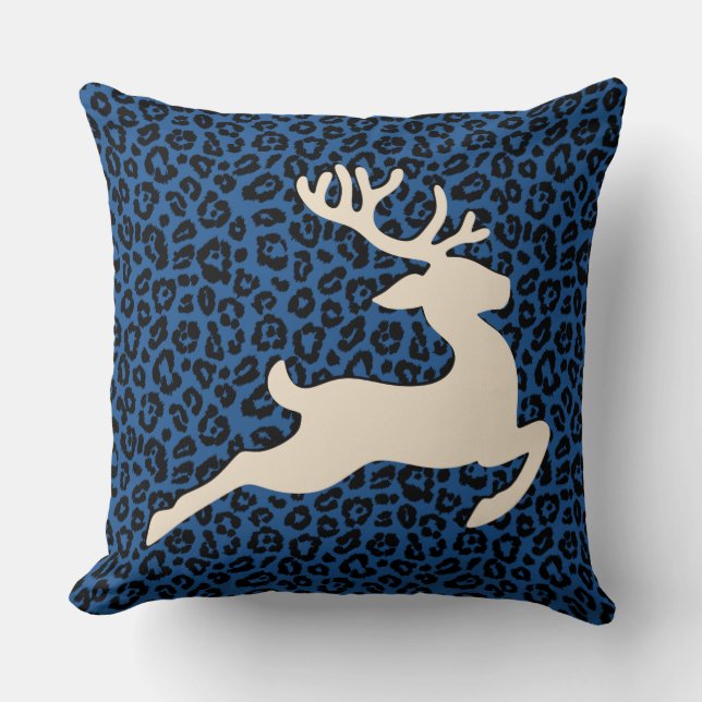 Christmas Holiday Deer Blue Leopard Print Cushion (Front)
