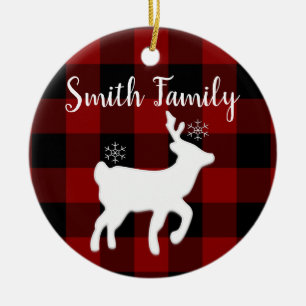 Christmas Holiday Deer on Buffalo Plaid Custom Ceramic Ornament