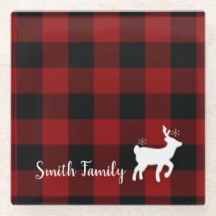 Christmas Holiday Deer on Buffalo Plaid Custom Glass Coaster
