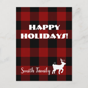 Christmas Holiday Deer on Buffalo Plaid Custom Postcard