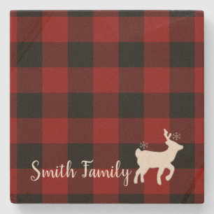 Christmas Holiday Deer on Buffalo Plaid Custom Stone Coaster