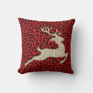 Christmas Holiday Deer Red Black Leopard Print Cushion