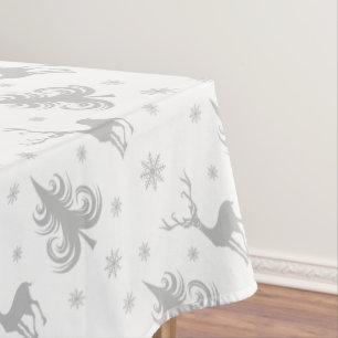 Christmas Holiday Deer Stag Pattern White Silver Tablecloth