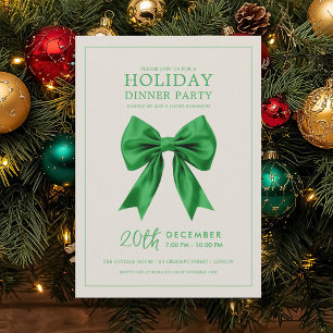 Christmas Holiday Dinner Party Green Satin Bow Invitation