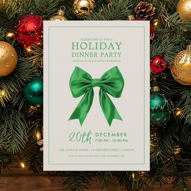 Christmas Holiday Dinner Party Green Satin Bow Invitation (Christmas Holiday Dinner Party Green Satin Bow Invitation)