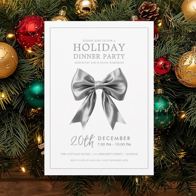 Christmas Holiday Dinner Party Silver Satin Bow Invitation (Christmas Holiday Dinner Party Silver Satin Bow Invitation)