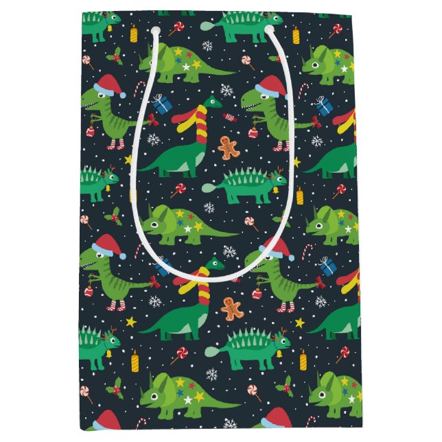 Christmas Holiday Dinosaurs Wrapping Paper Medium Gift Bag (Front)