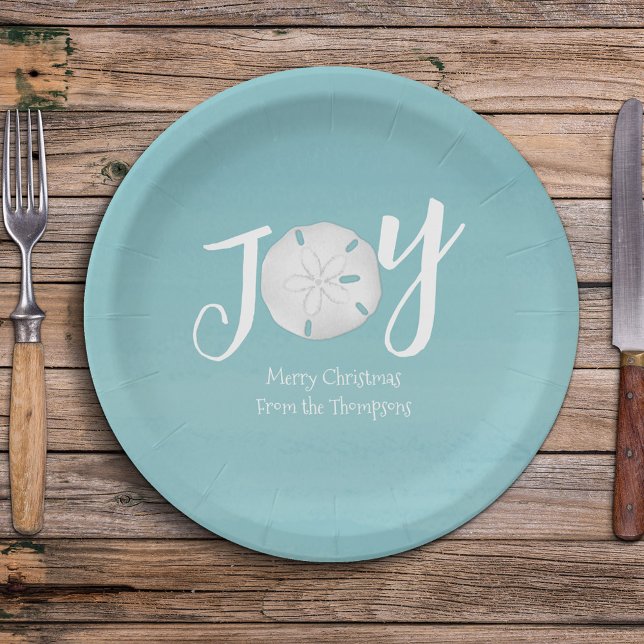 Christmas Holiday Elegant Beach Turquoise Coastal Paper Plate (Simple Christmas holiday "Joy" typography sand dollar design.)