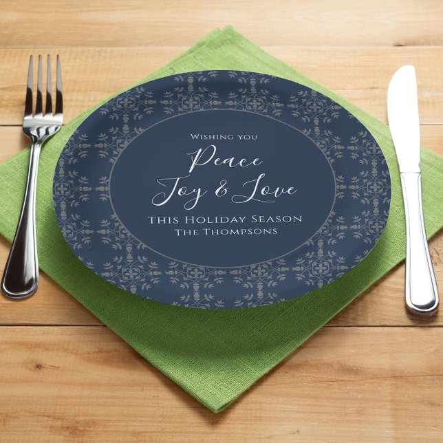 Christmas Holiday Elegant Peace Joy Love Simple  Paper Plate (Peace, Joy, and Love holiday Navy Blue custom paper plates.)