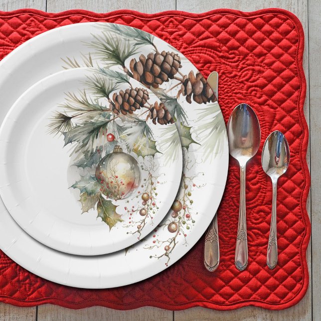 Christmas Holiday Evergreen Pinecones Ornament Paper Plate (Beautifully designed paper products for your December wedding or holiday party.    )
