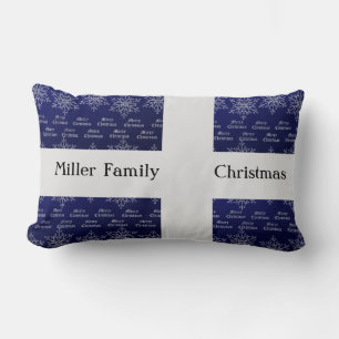 Christmas Holiday Family Name Blue White Snowflake Lumbar Cushion