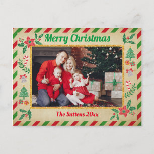 Christmas Holiday Family Photo Glitter Air Mail Postcard