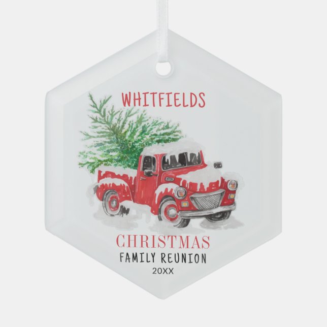 Christmas Holiday Family Reunion Red Truck Custom Glass Tree Decoration (Front)