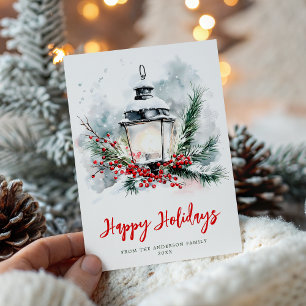 Christmas Holiday Festive Lantern Watercolor Card