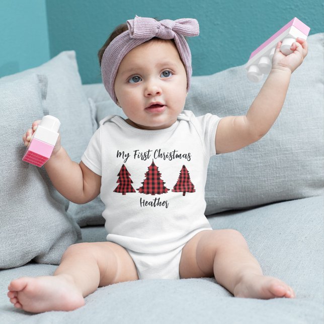 Christmas Holiday Festive My First Buffalo Check  Baby Bodysuit (Custom my first Christmas baby body suit with buffalo check Christmas trees. )